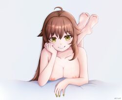 Rule 34 | 1girl, absurdres, ahoge, artist name, barefoot, bed sheet, breasts, brown hair, character request, cleavage, collarbone, copyright request, crossed ankles, d fox09, feet, feet up, full body, gold trim, green eyes, green nails, grey background, hair between eyes, hand up, head rest, highres, large breasts, looking at viewer, lying, nipples, nude, on stomach, sidelocks, smile, soles, solo, the pose, toes, twitter username, virtual youtuber