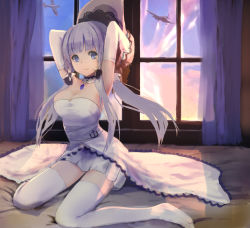 Rule 34 | 1girl, aircraft, anchor, azur lane, blue gemstone, breasts, cleavage, detached collar, dress, elbow gloves, gem, gloves, hat, illustrious (azur lane), indoors, lace, lace-trimmed dress, lace trim, large breasts, long hair, purple eyes, purple hair, sleeveless, sleeveless dress, solo, strapless, strapless dress, sun hat, thighhighs, ujo (kho3361), white dress, white gloves, white hat, window