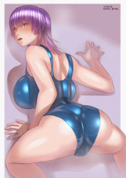 Rule 34 | 1girl, ass, ayane (doa), breasts, dead or alive, dead or alive 5, from behind, highres, large breasts, looking back, one-piece swimsuit, purple hair, solo, swimsuit, zenkou