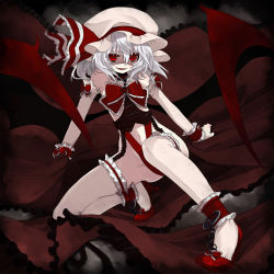 Rule 34 | 1girl, alternate costume, ankle cuffs, anklet, bat wings, blue hair, fang, female focus, frills, hat, high heels, jewelry, kintaro, red eyes, remilia scarlet, ribbon, shoes, solo, touhou, wings, wrestling outfit, wrist cuffs