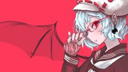 Rule 34 | 1girl, alternate costume, bat earrings, bat wings, bespectacled, blue hair, earrings, eyelashes, from side, glasses, hat, hat ribbon, highres, jewelry, kanrobi, looking at viewer, mob cap, nail polish, neckerchief, pointy ears, red-framed eyewear, red eyes, red ribbon, remilia scarlet, ribbon, sailor collar, school uniform, serafuku, smile, solo, sweater, touhou, upper body, white hat, wings