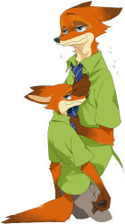 Rule 34 | 1boy, adjusting clothes, animal ears, animal hands, aqua eyes, blue neckwear, claws, cowboy shot, cropped legs, fox ears, fox tail, from behind, furry, furry male, green shirt, grey pants, half-closed eyes, hands up, hatenakayubi, highres, japanese text, looking at viewer, looking away, looking back, male focus, multiple views, necktie, nick wilde, pants, shirt, short sleeves, simple background, smile, striped neckwear, tail, translation request, white background, zootopia
