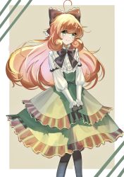 Rule 34 | 1girl, absurdres, ahoge, alternate hair length, alternate hairstyle, android, blush, border, bow, dress, frilled bow, frilled dress, frilled sleeves, frills, gloves, green eyes, highres, joints, long hair, looking at viewer, orange hair, outside border, penny polendina, power symbol, ribbon, rwby, skirt, smile, spoilers, tan background, thighhighs, tl (xdd), white border