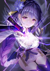 Rule 34 | armor, blunt bangs, braid, breasts, bridal gauntlets, cleavage, closed mouth, electricity, flower, from above, genshin impact, hair flower, hair ornament, highres, human scabbard, japanese clothes, kimono, large breasts, long hair, looking at viewer, low-braided long hair, low-tied long hair, nanashi (74 nanashi), obi, okobo, purple eyes, purple hair, purple kimono, raiden shogun, sandals, sash, shoulder armor, sitting, smile, tassel, thighhighs, very long hair, zettai ryouiki