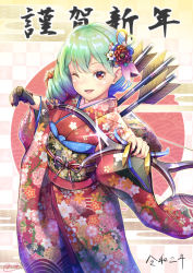 Rule 34 | 1girl, akizora mona, arrow (projectile), blush, bow (weapon), brown eyes, commentary request, floral print, flower, green hair, hair flower, hair ornament, highres, japanese clothes, kanzashi, kimono, long sleeves, looking at viewer, medium hair, new year, novady, obi, one eye closed, open mouth, original, sash, smile, solo, weapon, wide sleeves