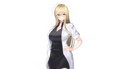 Rule 34 | 1girl, ahoge, blonde hair, breasts, dress, feet out of frame, female focus, fumika mari, game cg, glasses, hand on own hip, huge breasts, kuroyui, lab coat, legs, long hair, looking at viewer, mole, mole under eye, original, otokano ~otouto no kanojo ga bunkei de tsuyome!?~, parted lips, purple eyes, simple background, smile, solo, standing, tachi-e, thighs, transparent background