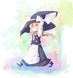Rule 34 | 1girl, bad id, bad pixiv id, blonde hair, boots, branch, buttons, dress, female focus, full body, hair ribbon, hand on headwear, hat, kirisame marisa, leaf, perfect cherry blossom, ribbon, scarf, smile, solo, touhou, walking, witch, witch hat, yatani row, yellow eyes