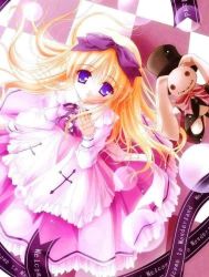 Rule 34 | angel ring (artbook), blonde hair, bow, frills, hair bow, hand on another&#039;s chest, long hair, original, purple eyes, sitting, tinker bell (pixiv 10956015)