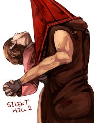 Rule 34 | 1boy, 1girl, bad id, bad pixiv id, blood, commentary request, gloves, helmet, mary shepherd-sunderland, monster, muscular, pyramid head, silent hill, silent hill (series), silent hill 2