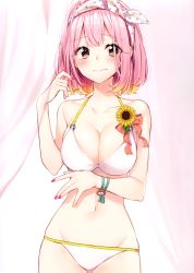 Rule 34 | 1girl, absurdres, bare arms, bare shoulders, bikini, breasts, brown eyes, cleavage, closed mouth, cowboy shot, flower, gradient hair, groin, hair ribbon, halterneck, halterneck, hand up, highres, large breasts, looking at viewer, multicolored hair, multicolored nails, nail polish, navel, original, pink hair, ribbon, sakuragi ren, scan, short hair, sidelocks, solo, standing, stomach, sunflower, swimsuit, two-tone hair, white bikini, wristband