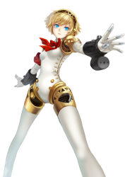 Rule 34 | 1girl, aegis (persona), android, blonde hair, blue eyes, bow, headphones, highres, joints, outstretched arm, persona, persona 3, ribbon, robot joints, short hair, solo, tianna