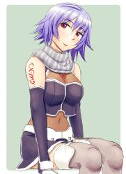 Rule 34 | 1girl, breasts, chest tattoo, covered navel, farleen, flipped hair, gloves, highres, large breasts, looking at viewer, medium breasts, purple hair, red eyes, scarf, short hair, shoulder tattoo, skirt, smile, solo, star ocean, star ocean till the end of time, tanuki (die abendwolke), tattoo, thighhighs