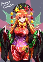 Rule 34 | 1girl, absurdres, blonde hair, breasts, christmas, christmas ornaments, commentary request, cross, dress, english text, hat, hat ornament, headdress, highres, junko (touhou), large breasts, long hair, looking at viewer, merry christmas, mistletoe, no nose, one-hour drawing challenge, parted lips, pointy ears, raptor7, red eyes, ribbon, sash, smile, snowflake print, snowing, solo, star (symbol), star hat ornament, tabard, touhou, very long hair, wavy hair, wide hips, wide sleeves, wreath