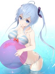 Rule 34 | 1girl, absurdres, ahoge, arched back, ball, bikini, blue eyes, blue hair, bow, bow bikini, breasts, cleavage, collarbone, cowboy shot, from above, hair between eyes, hair ribbon, hatsune miku, highres, large breasts, long hair, looking at viewer, medium breasts, navel, parted lips, partially submerged, pocche-ex, ribbon, side-tie bikini bottom, simple background, smile, solo, standing, striped bikini, striped clothes, swimsuit, twintails, vocaloid, wading, water