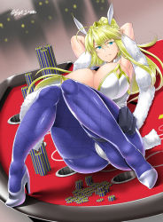 Rule 34 | 1girl, ahoge, animal ears, areola slip, artoria pendragon (all), artoria pendragon (fate), artoria pendragon (swimsuit ruler) (fate), ass, blue pantyhose, breasts, cameltoe, desk, detached collar, fake animal ears, fate/grand order, fate (series), green eyes, hair between eyes, high heels, highres, huge breasts, leotard, lying, on back, on desk, pantyhose, playboy bunny, poker chip, rabbit ears, saizu nitou gunsou, sidelocks, solo, strapless, strapless leotard, thigh strap, white footwear, white leotard
