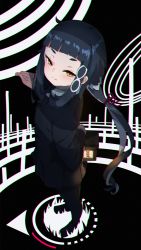 Rule 34 | 1girl, arm behind back, black footwear, black hair, black jacket, black pantyhose, black skirt, blush, chromatic aberration, closed mouth, commentary request, dotted line, full body, hand up, highres, holding, holding lantern, indie virtual youtuber, jacket, kuro kosyou, lantern, loafers, long hair, long sleeves, looking at viewer, orange eyes, pantyhose, pleated skirt, shoes, short eyebrows, skirt, smile, solo, standing, thick eyebrows, very long hair, virtual youtuber, yako ten-ya