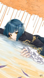 Rule 34 | 1boy, absurdres, blue hair, chinese clothes, eyes visible through hair, fingernails, frilled sleeves, frills, genshin impact, hhhhusky, highres, jewelry, leaf, long sleeves, looking at viewer, lying, lying on water, male focus, on stomach, short hair, solo, trap, water, xingqiu (genshin impact), yellow eyes