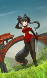 Rule 34 | 1girl, animal ears, arceonn, bare shoulders, black hair, black pantyhose, blue eyes, blue sky, breasts, china dress, chinese clothes, covered navel, day, dress, dutch angle, elbow gloves, fang, gloves, hair bun, highres, holding, holding sword, holding weapon, long hair, medium breasts, one side up, original, outdoors, pantyhose, short dress, short sword, single hair bun, sky, sleeveless, sleeveless dress, solo, swept bangs, sword, tail, thighband pantyhose, unaligned breasts, walking, waving, weapon, wolf ears, wolf tail
