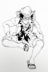 Rule 34 | 1boy, banana, bead necklace, beads, black hair, drjjn, eating, food, fruit, fur trim, hat, highres, holding, holding food, invisible chair, jacket, jewelry, looking at viewer, monkey d. luffy, monochrome, necklace, one piece, open mouth, palm tree print, round eyewear, sandals, scar, scar on face, short hair, shorts, sitting, smile, straw hat, teeth, v-shaped eyebrows, white jacket