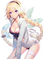Rule 34 | 1girl, absurdly long hair, bikini, black bikini, black hairband, black scrunchie, blonde hair, blue innertube, blue jacket, blush, braid, breasts, cleavage, collarbone, commentary request, fate/grand order, fate (series), hair between eyes, hair ornament, hair scrunchie, hairband, highres, hood, hood down, hooded jacket, innertube, jacket, jeanne d&#039;arc (fate), jeanne d&#039;arc (ruler) (fate), jeanne d&#039;arc (swimsuit archer) (fate), jeanne d&#039;arc (swimsuit archer) (first ascension) (fate), large breasts, long hair, long sleeves, nose blush, parted lips, partially unzipped, purple eyes, ririko (zhuoyandesailaer), scrunchie, sleeves past wrists, smile, solo, swim ring, swimsuit, transparent, very long hair, white background