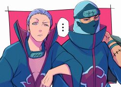 Rule 34 | ..., 2boys, character request, colored sclera, commentary, highres, japanese clothes, kimono, looking at viewer, male focus, mask, mouth mask, multiple boys, naruto (series), short hair, simple background, speech bubble, spoken ellipsis, takahasikari1, upper body