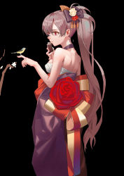 Rule 34 | 1girl, absurdres, azur lane, backless kimono, backless outfit, bare shoulders, bird, bird on hand, black background, breasts, detached collar, flower, folding fan, hair behind ear, hair flower, hair ornament, hand fan, highres, holding, holding fan, japanese clothes, jean bart (azur lane), jean bart (first snow upon the cutlass&#039;s edge) (azur lane), kimono, l.j., long hair, ponytail, red eyes, red flower, red sash, sarashi, sash, simple background, very long hair, white flower