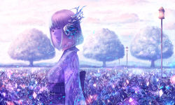 Rule 34 | 1girl, closed mouth, cloud, colored skin, field, floral print, flower, from side, frown, hair ornament, japanese clothes, kimono, lamppost, obi, original, outdoors, purple flower, purple hair, purple skin, purple theme, sakimori (hououbds), sash, short hair, sky, solo, tree