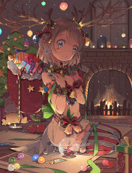 Rule 34 | 1girl, antlers, blue eyes, blush stickers, box, brown hair, christmas tree, fire, fireplace, fur trim, gift, gift box, highres, horns, kneeling, looking at viewer, love live!, love live! sunshine!!, qianqian, ribbon, sack, see-through, short hair, sitting, solo, thighhighs, watanabe you, window, wrist cuffs