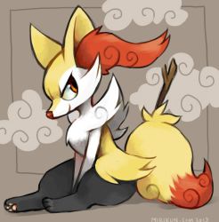 Rule 34 | 1girl, animal ear fluff, animal ears, animal hands, artist name, between legs, braixen, brown background, closed mouth, cloud, creatures (company), dated, female focus, fox ears, fox tail, from side, full body, furry, furry female, game freak, gen 6 pokemon, hand between legs, happy, hatomura miri, highres, jpeg artifacts, looking back, nintendo, pawpads, pokemon, pokemon (creature), red eyes, sitting, smile, solo, stick, tail, v arms, watermark, web address