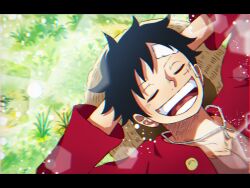 Rule 34 | 1boy, arm behind head, black hair, close-up, closed eyes, commentary request, hat, letterboxed, lying, male focus, monkey d. luffy, on back, on grass, one piece, open mouth, red shirt, scar, scar on chest, scar on face, shirt, short hair, smile, solo, straw hat, yoru ( ichiya 07)