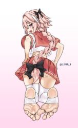 Rule 34 | 1boy, artist name, ass, astolfo (fate), black bow, bow, braid, braided ponytail, crossdressing, fang, fate/grand order, fate (series), feet, foot focus, from behind, full body, gluteal fold, hair bow, hands on own hips, long hair, looking at viewer, looking back, male focus, open mouth, panties, pink background, pink eyes, pink hair, pleated skirt, red skirt, school uniform, seductive smile, serafuku, single braid, skirt, smile, soles, stirrup legwear, striped clothes, striped panties, thighhighs, thighs, toeless legwear, toes, trap, tsukimaru (ls 99ml), underwear, very long hair, white thighhighs