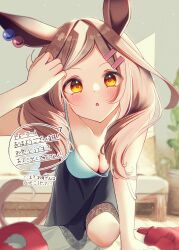 Rule 34 | 1girl, absurdres, alternate costume, animal ears, blush, breasts, brown hair, cleavage, collarbone, commentary request, forehead, hair ornament, hairclip, highres, horse ears, horse girl, looking at viewer, matikane tannhauser (umamusume), medium breasts, medium hair, open mouth, ponta (1859ysmssstsp), pov, solo, translation request, umamusume, yellow eyes