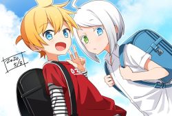 Rule 34 | 2boys, bag, blonde hair, blue eyes, cloud, cloudy sky, commentary, dated, day, expressionless, green eyes, hand up, heterochromia, holding strap, kagamine len, looking at viewer, male focus, minahoshi taichi, multiple boys, open mouth, red shirt, school bag, shirt, sky, smile, spiked hair, striped sleeves, upper body, utatane piko, vocaloid, w, white hair, white shirt