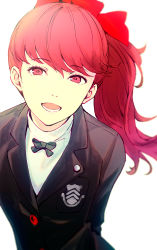 Rule 34 | 1girl, blazer, bow, bowtie, female focus, highres, jacket, looking at viewer, matching hair/eyes, nonaka nono, open mouth, persona, persona 5, persona 5 the royal, ponytail, red bow, red eyes, red hair, school uniform, simple background, smile, solo, white background, yoshizawa kasumi