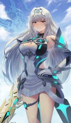 Rule 34 | 1girl, aegis sword (xenoblade), alternate costume, bare legs, bare shoulders, blue eyes, breast tattoo, breasts, brown hair, chest jewel, cleavage, cleavage cutout, closed mouth, clothing cutout, cosplay, doiparuni, dress, earrings, elbow gloves, ethel (xenoblade), gloves, highres, jewelry, large breasts, long hair, mythra (xenoblade) (cosplay), short dress, solo, swept bangs, tattoo, thigh strap, tiara, very long hair, xenoblade chronicles (series), xenoblade chronicles 2, xenoblade chronicles 3