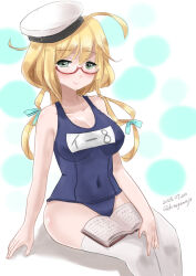 Rule 34 | 1girl, ahoge, blonde hair, blue eyes, blue one-piece swimsuit, book, breasts, covered navel, feet out of frame, glasses, hat, i-8 (kancolle), kantai collection, kitagawa mikio, large breasts, low twintails, name tag, one-hour drawing challenge, one-piece swimsuit, peaked cap, red-framed eyewear, sailor hat, school swimsuit, semi-rimless eyewear, solo, swimsuit, thighhighs, twintails, under-rim eyewear, white hat, white thighhighs