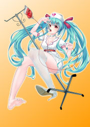Rule 34 | 1girl, :p, absurdres, aqua hair, ass, asymmetrical legwear, bandaged neck, bandages, barefoot, belt, blood, blood bag, breasts, cleavage, collarbone, full body, hair ornament, hair ribbon, hairclip, hand up, hat, hatsune miku, high heels, highres, holding pill, knees together feet apart, liquid-in-glass thermometer, looking at viewer, mikawa sansen, nail polish, nurse, nurse cap, open mouth, orange background, puffy short sleeves, puffy sleeves, red eyes, ribbon, short sleeves, simple background, single thighhigh, skirt, soles, solo, thermometer, thighhighs, thighs, toenail polish, toenails, toes, tongue, tongue out, twintails, vocaloid, white skirt, white thighhighs