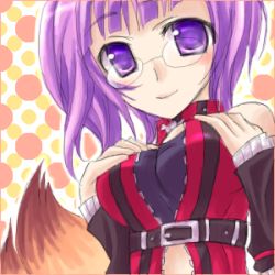Rule 34 | 10s, 1girl, blush, breast hold, breast suppress, breasts, cleavage, fingerless gloves, fox (trickster), fox tail, glasses, gloves, large breasts, lowres, purple eyes, purple hair, solo, tail, trickster (ntreev soft)