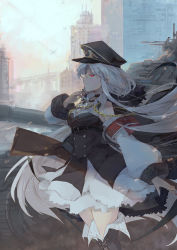 Rule 34 | 1girl, albino, arm at side, arm up, armband, belt, bird, black thighhighs, bolt action, breasts, buttons, cityscape, cleavage, coat, collarbone, cross, from side, full body, fur trim, girls&#039; frontline, gun, hand on own face, hat, high belt, highres, holding, holding gun, holding weapon, iron cross, jacket, jacket on shoulders, kar98k (girls&#039; frontline), long hair, looking at viewer, machinery, mauser 98, medium breasts, military, military uniform, nazi, peaked cap, red eyes, rifle, shadowsinking, solo, standing, thighhighs, uniform, very long hair, weapon, white hair, zettai ryouiki