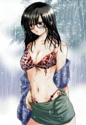 Rule 34 | 00s, 1girl, black hair, blush, bra, breasts, cleavage, glasses, ichigo 100 percent, large breasts, navel, open clothes, open shirt, parted lips, rain, shirt, solo, standing, swimsuit, toujou aya, underwear, undressing, wet, wet clothes