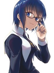 Rule 34 | 1girl, ashiyu (ashmouautz), black-framed eyewear, black dress, blue eyes, blue hair, ciel (tsukihime), closed mouth, commentary request, cross, cross necklace, dress, fingernails, glasses, habit, hair between eyes, highres, jewelry, latin cross, long sleeves, looking at viewer, necklace, nun, short hair, simple background, smile, solo, traditional nun, tsukihime, tsukihime (remake), upper body, white background
