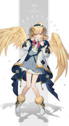 Rule 34 | 1girl, aries (symbol), aries (zodiac), bag, beret, blonde hair, blue dress, blue hat, blue jacket, boots, border, bow, bowtie, braid, braided bangs, curled horns, dress, feathered wings, floating, frilled dress, frilled sleeves, frills, full body, fur-trimmed boots, fur trim, gold trim, grey background, hair bow, hands up, hat, highres, horns, jacket, knees together feet apart, looking at viewer, medium hair, multicolored clothes, multicolored jacket, open clothes, open hand, open jacket, open mouth, original, padded jacket, pillarboxed, pink bow, pink bowtie, plaid, plaid bow, plaid bowtie, shadow, sheep horns, shoulder bag, solo, swept bangs, taranboman, trapeze dress, two-tone jacket, uneven eyes, white border, white footwear, white jacket, wings, yawning, yellow wings, zodiac