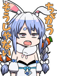 Rule 34 | 1girl, animal ear fluff, animal ears, aono3, black leotard, blue hair, blue ribbon, bow, braid, carrot hair ornament, chibi, commentary request, detached sleeves, don-chan (usada pekora), dress, dress ribbon, food-themed hair ornament, hair bow, hair ornament, hololive, leotard, long hair, open mouth, puffy short sleeves, puffy sleeves, rabbit ears, rabbit girl, red eyes, ribbon, scarf, short eyebrows, short sleeves, simple background, strapless, strapless dress, swept bangs, teeth, thick eyebrows, translation request, twin braids, underbust, upper teeth only, usada pekora, usada pekora (1st costume), virtual youtuber, white background, white bow, white dress, white scarf