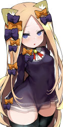 Rule 34 | 1girl, abigail williams (fate), animal ears, black bow, black dress, black thighhighs, blonde hair, blue eyes, blush, bow, breasts, cat ears, dress, fate/grand order, fate (series), forehead, hair bow, highres, long hair, long sleeves, looking at viewer, multiple bows, open mouth, orange bow, parted bangs, polka dot, polka dot bow, shimejinameko, small breasts, solo, thighhighs