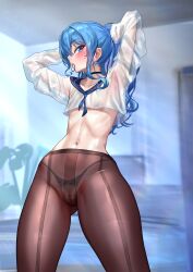Rule 34 | 1girl, adjusting hair, armpits, arms behind head, arms up, black choker, black panties, blue eyes, blue hair, blue neckerchief, blush, cameltoe, choker, cleft of venus, collarbone, crop top, earrings, flat chest, gluteal fold, hair between eyes, hair tie in mouth, highres, hololive, hoshimachi suisei, jagoo, jewelry, lace, lace-trimmed panties, lace trim, long hair, looking at viewer, mouth hold, narrow waist, navel, neckerchief, panties, panties under pantyhose, pantyhose, ponytail, ribs, see-through, see-through shirt, shirt, solo, star (symbol), star earrings, star in eye, stomach, symbol in eye, thick thighs, thighs, underwear, virtual youtuber, white shirt