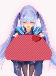 Rule 34 | 1girl, azur lane, black pantyhose, blue hair, box, cape, commentary request, essex (azur lane), closed eyes, fingerless gloves, gift, gift box, gloves, heart, hi-lin., holding, holding box, holding gift, long hair, open mouth, pantyhose, purple cape, religious offering, solo, twintails, valentine, very long hair