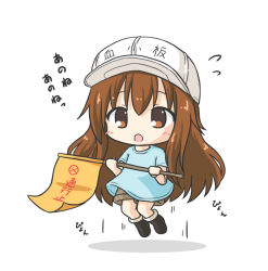 Rule 34 | 10s, 1girl, :o, black footwear, blue shirt, blush, boots, brown eyes, brown hair, brown shorts, character name, chibi, clothes writing, commentary request, flag, flat cap, flying sweatdrops, hair between eyes, hat, hataraku saibou, holding, holding flag, jumping, long hair, looking at viewer, motion lines, open mouth, platelet (hataraku saibou), ri-net, shirt, short shorts, short sleeves, shorts, solo, translation request, very long hair, white background, white hat