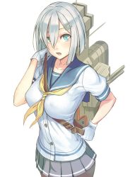 Rule 34 | 10s, 1girl, aqua eyes, between breasts, breasts, buttons, collarbone, gloves, grey hair, hair over one eye, hamakaze (kancolle), kantai collection, open mouth, pantyhose, school uniform, serafuku, simple background, skirt, solo, strap between breasts, white background, yuuji (and)