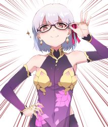 Rule 34 | 1girl, absurdres, adjusting eyewear, armlet, armor, bad id, bad pixiv id, bare shoulders, bikini armor, blush, bracelet, breasts, collar, detached sleeves, dress, earrings, emphasis lines, fate/grand order, fate (series), floral print, glasses, hair ribbon, highres, jewelry, kama (fate), kama (first ascension) (fate), looking at viewer, metal collar, miniskirt, pelvic curtain, purple dress, purple skirt, purple sleeves, red eyes, ribbon, ring, sh22, short hair, silver hair, skirt, small breasts, smile, solo