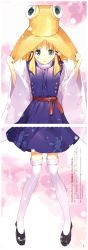 Rule 34 | 1girl, alternate eye color, blonde hair, blush, crease, dress, full body, gradient background, grey eyes, hair ornament, hair ribbon, hat, hat tug, highres, holding, holding clothes, holding hat, long sleeves, looking at viewer, moriya suwako, non-web source, purple dress, ribbon, sash, scan, scan artifacts, shoes, short hair, solo, tears, text focus, thighhighs, touhou, turtleneck, ueda ryou, white thighhighs, wide sleeves, zettai ryouiki